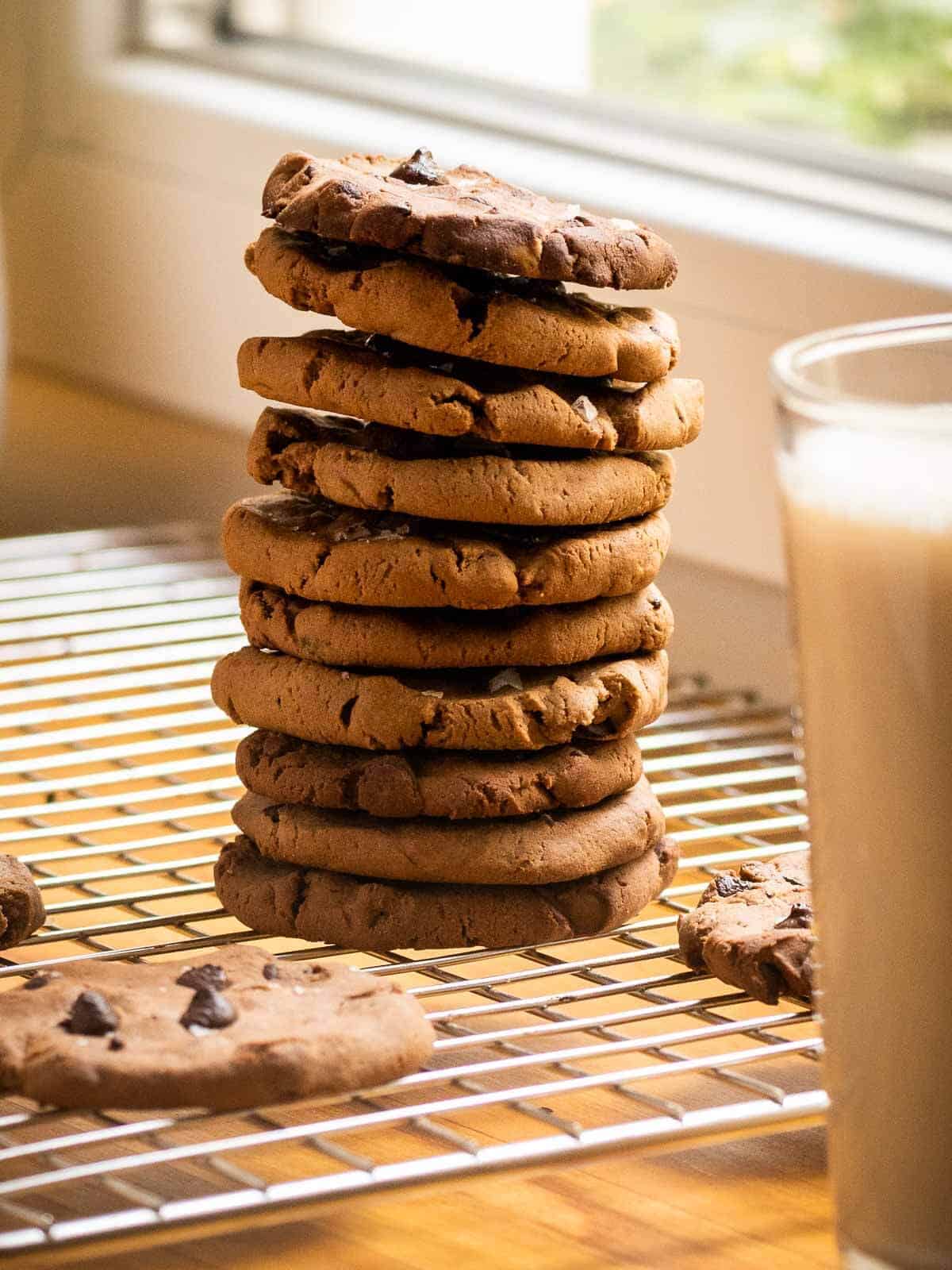 tower of cookies with a dairy-free milk glass.