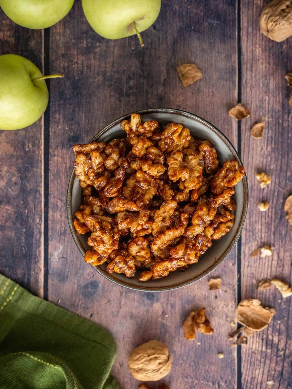 bowl with brown sugar candied walnuts.