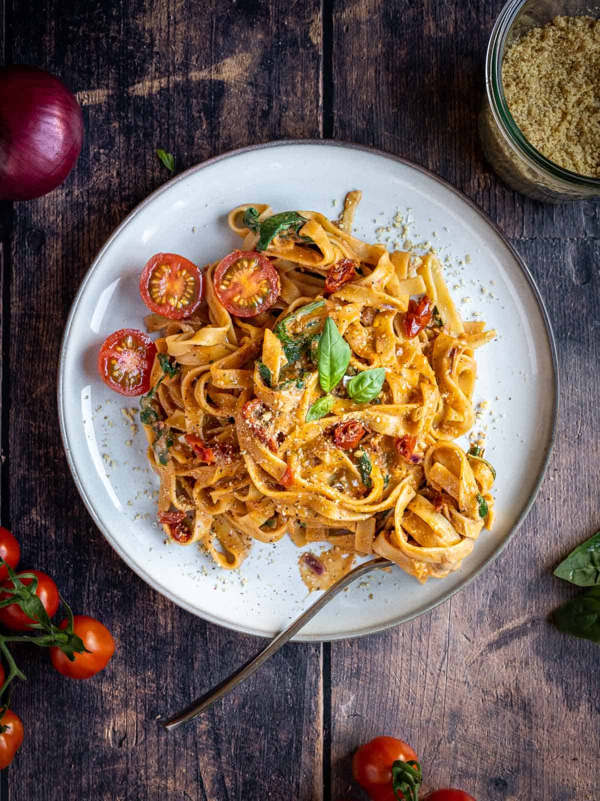 plate of christmas fettuccine pasta featured.