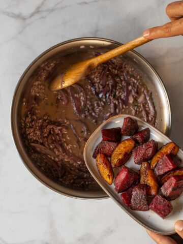 add the braised beets and plums.
