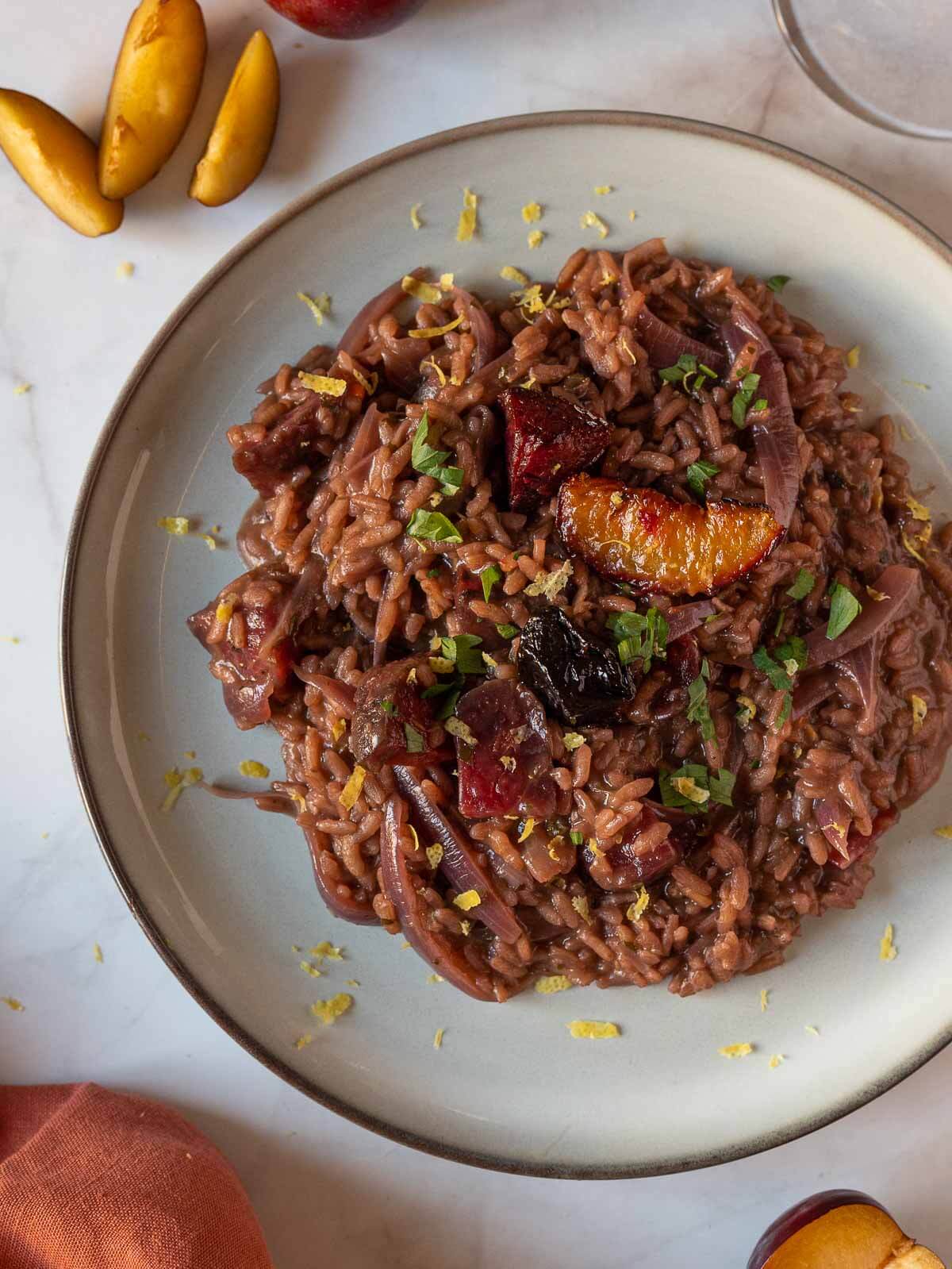 red wine risotto close up.