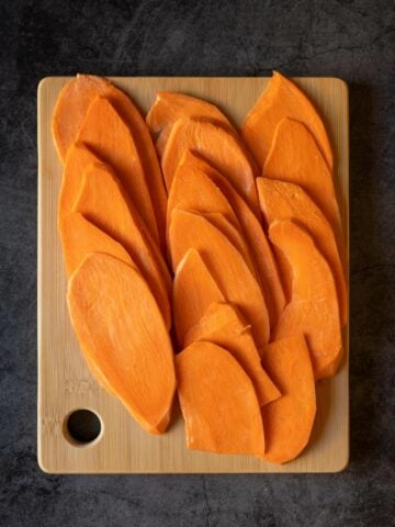 thinly slice the sweet potatoes.