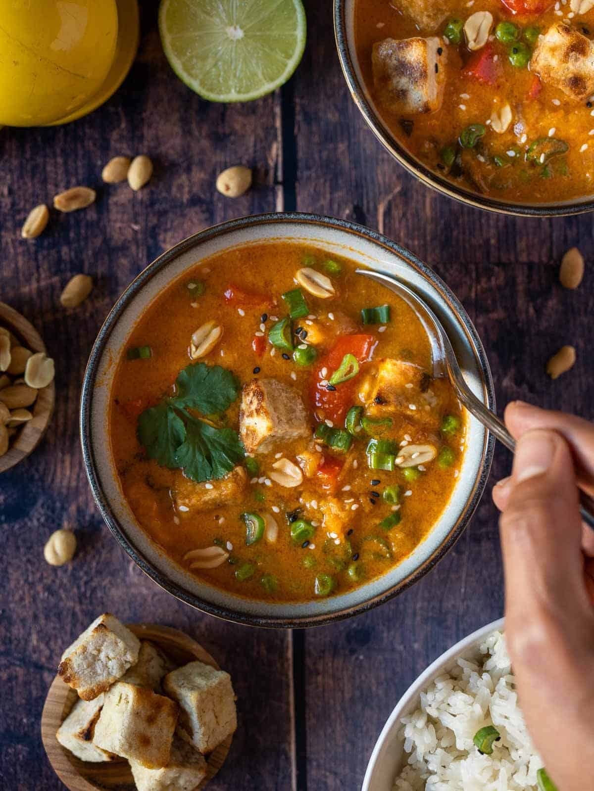 Thai Massaman Vegetable Curry served in a bowl.