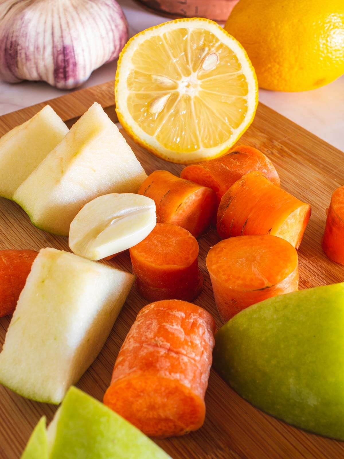 chop all the ingredients into sizeable chunks.