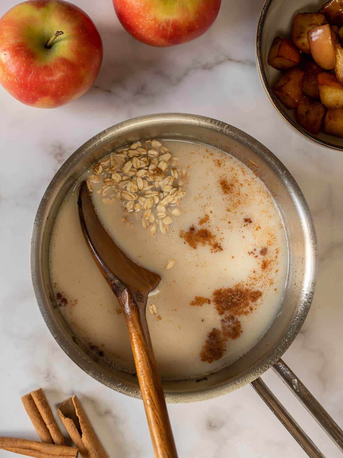 cook plant milk, spices, and oatmeal using the same saucepan.