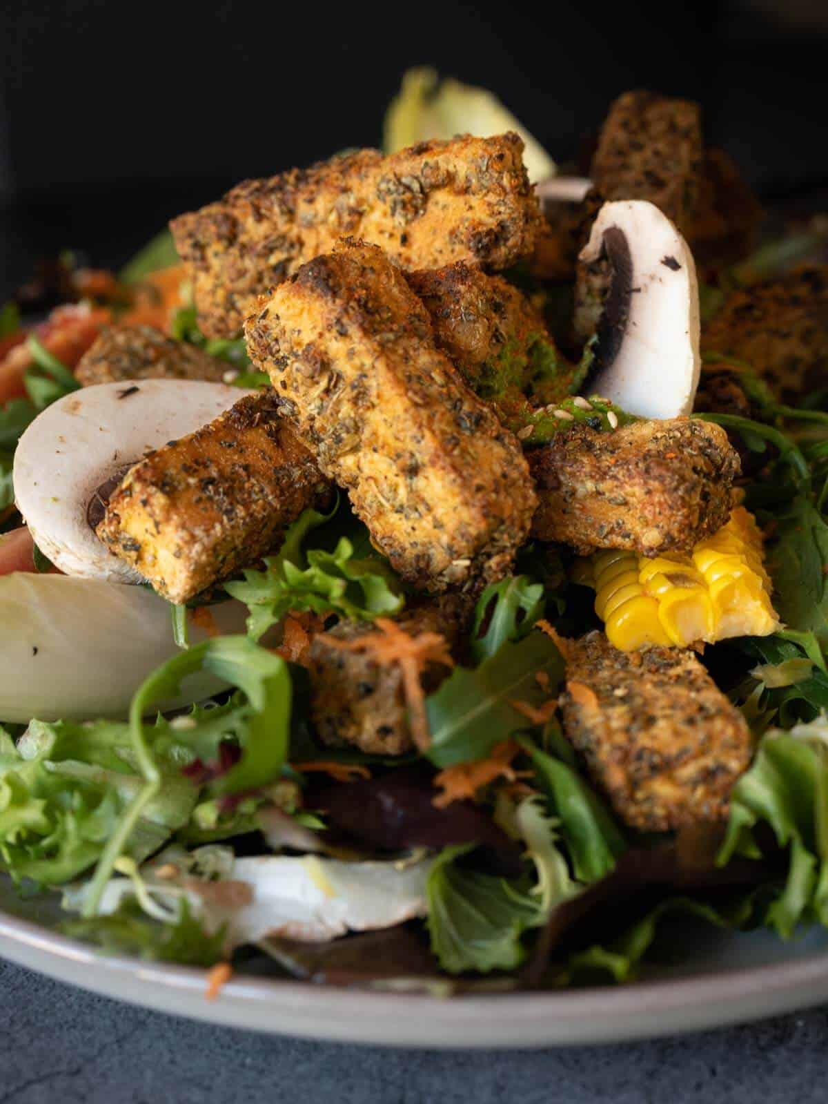 salad with crispy tofu stick on top.