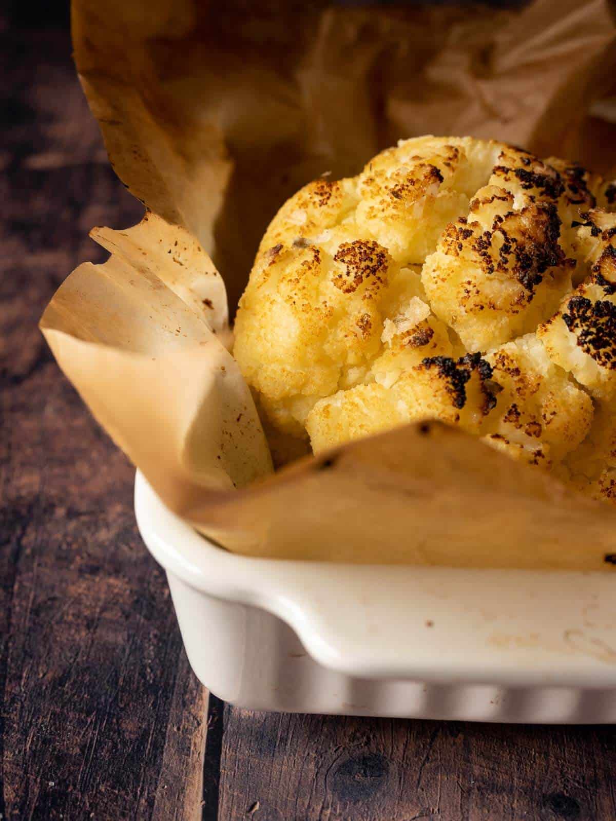 perfectly roasted whole cauliflower head.