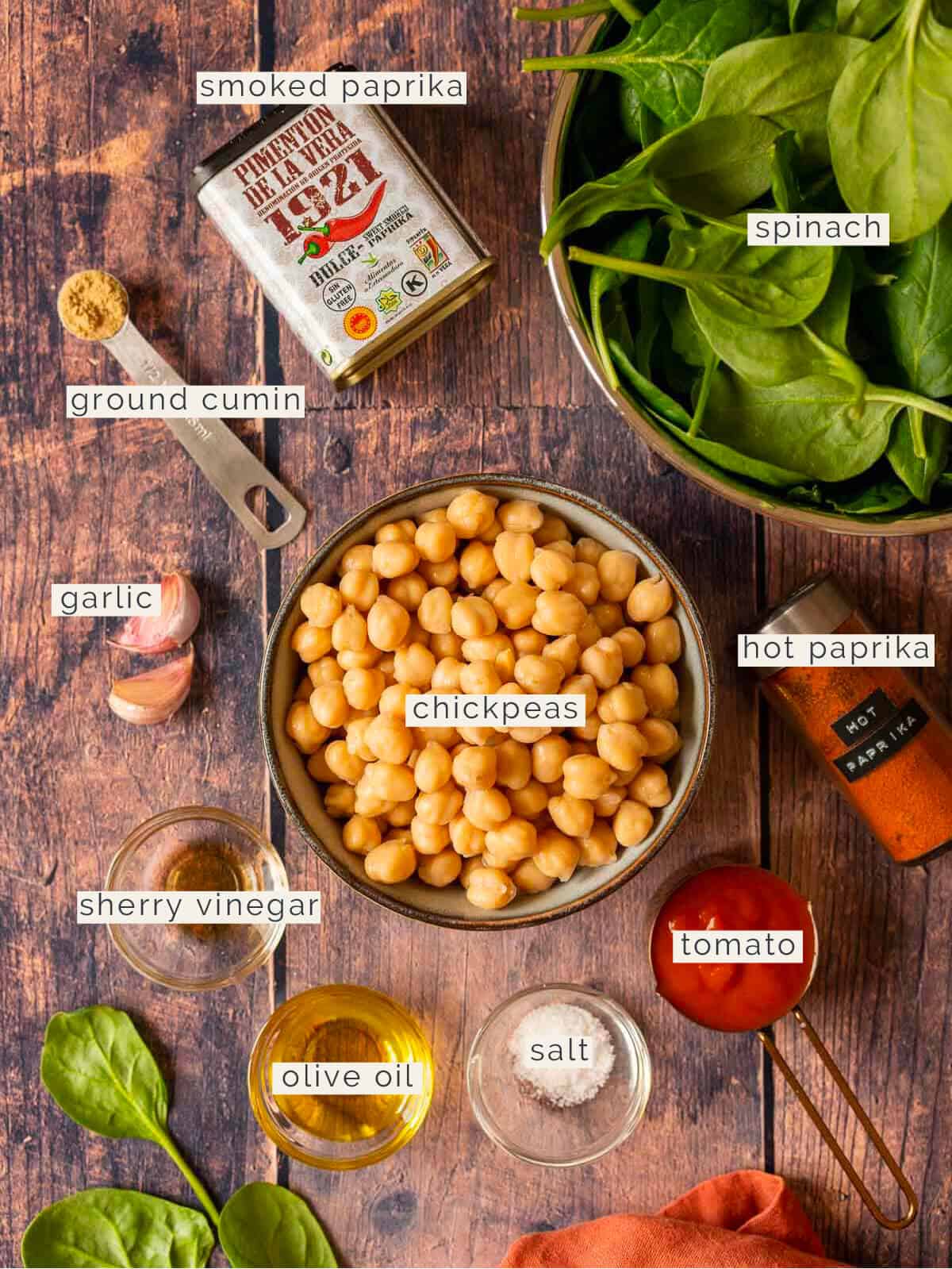 spanish sautéed chickpeas with spinach ingredients.