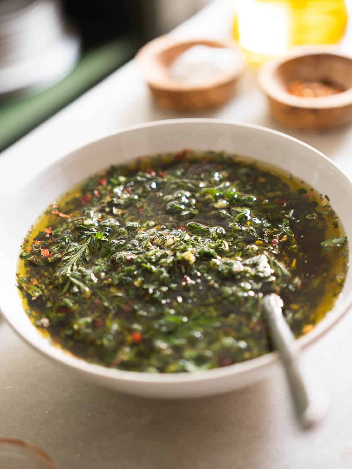 carrot greens chimichurri in a serving bowl.