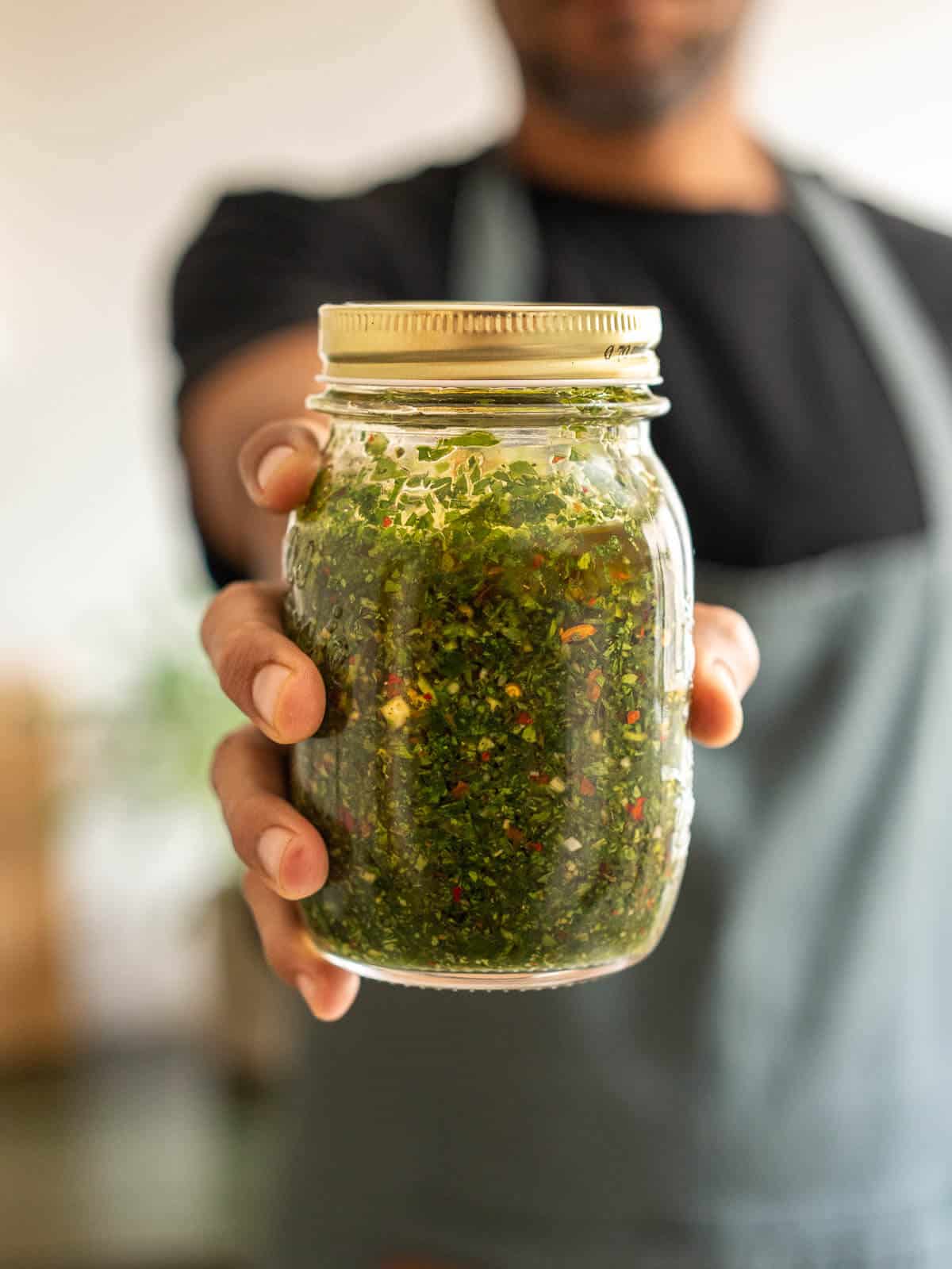 store the carrot tops chimichurri on a mason jar.