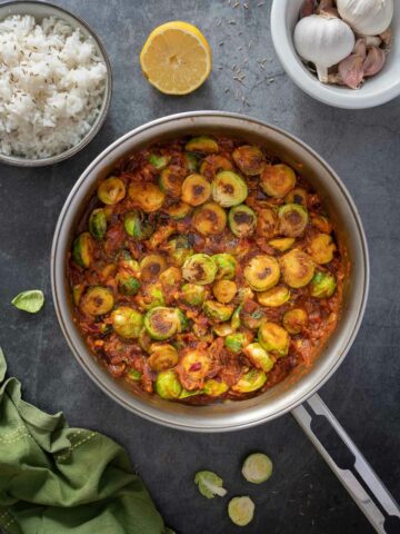 saucepan with the Indian Brussels sprouts ready for serving.