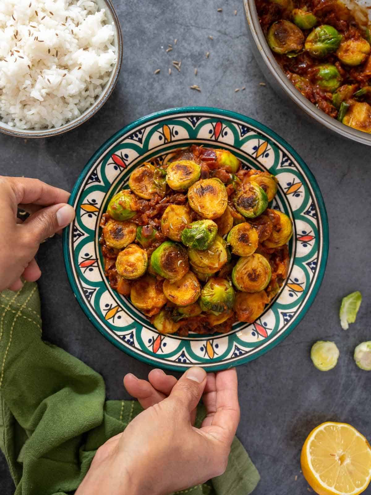 serving Indian style spiced Brussels sprouts curry.
