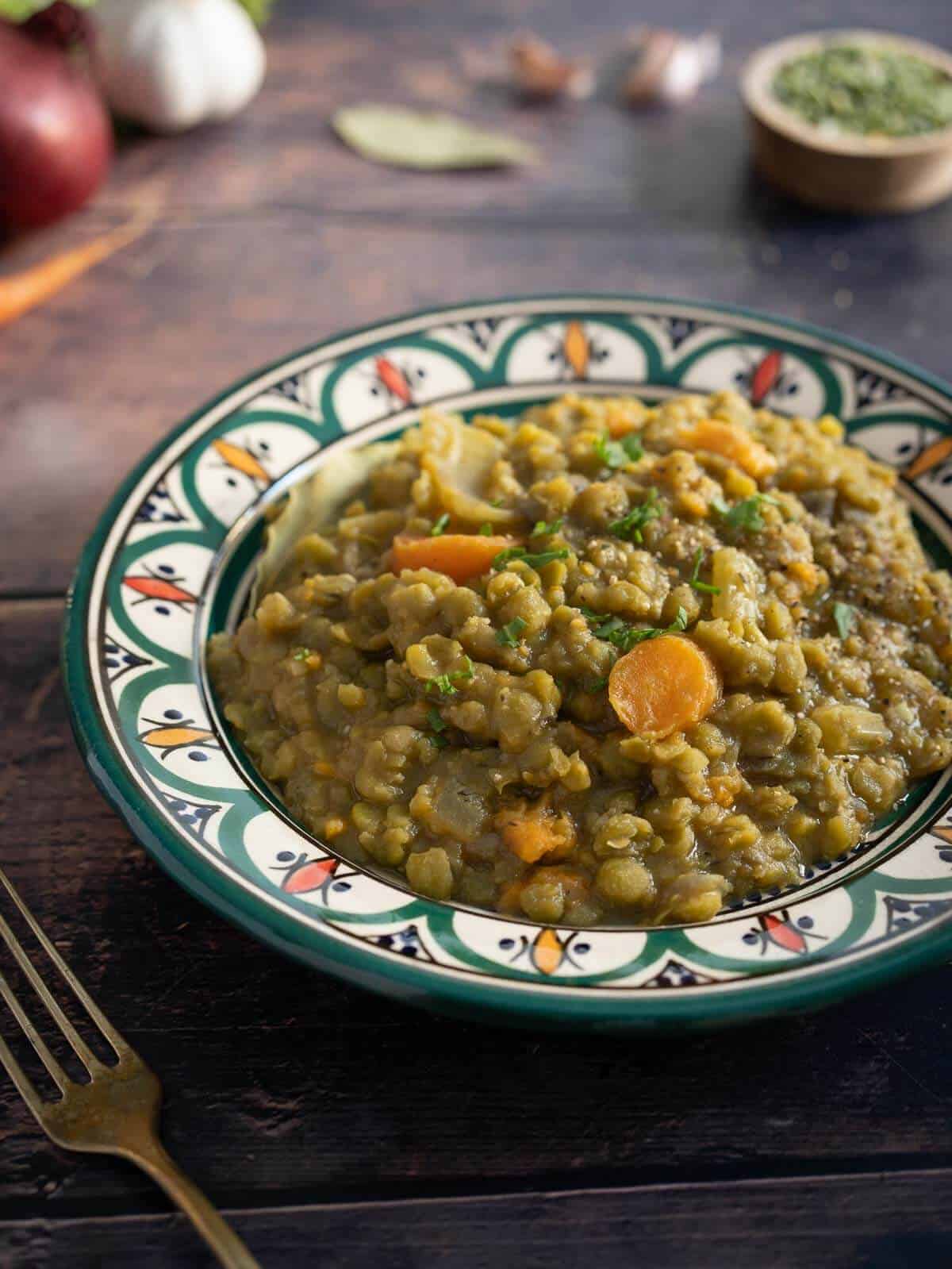 pea pottage served in a colorful plate.