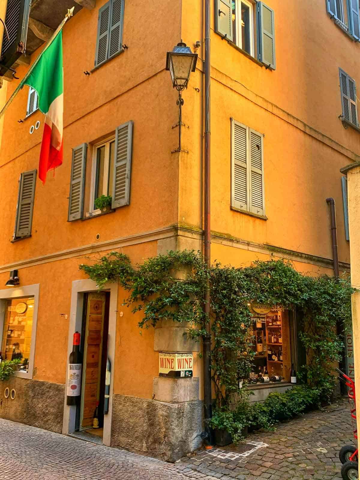 corner in Cernobbio town with Italian flag.