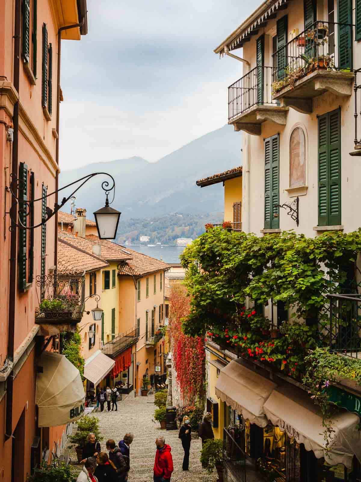 strolling the narrow and colorful streets of Belaggio in Lake Como Italy.