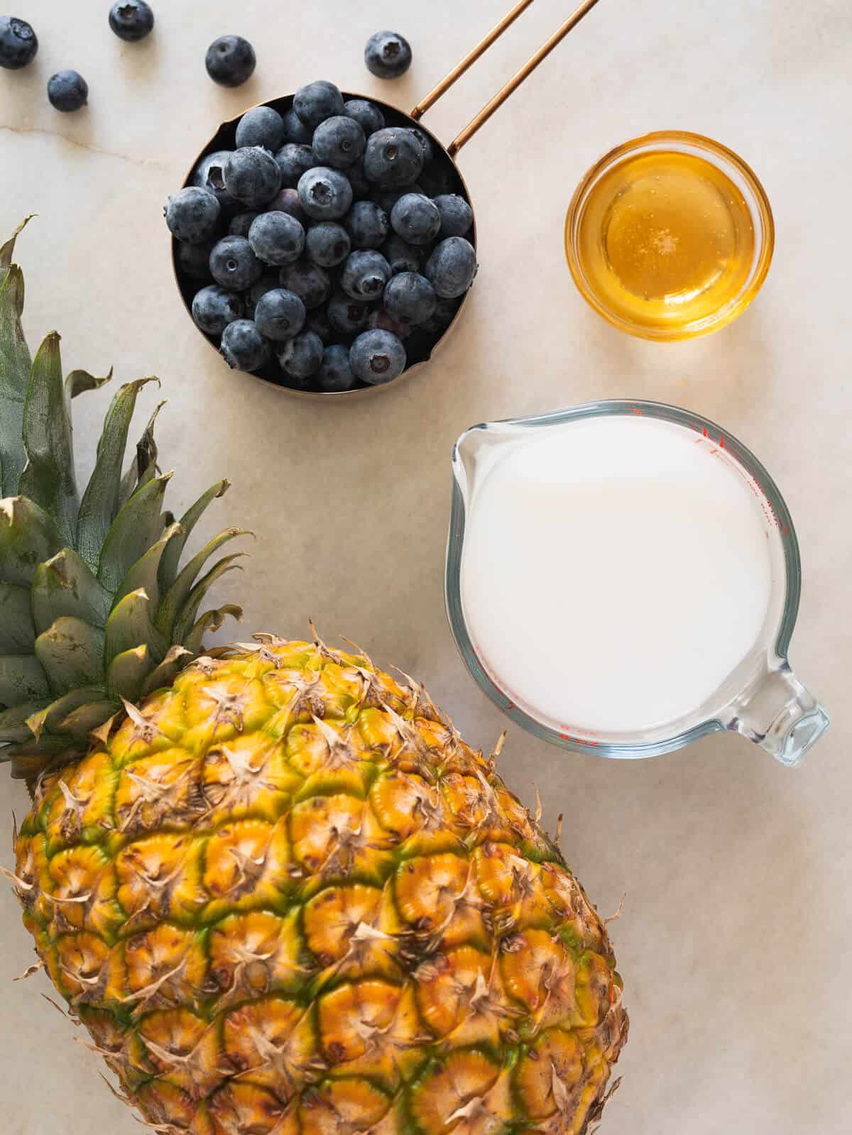 ingredients to make blueberry pineapple juice on a table.