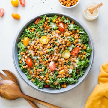 crispy chickpea kale salad with tahini dressing featured.