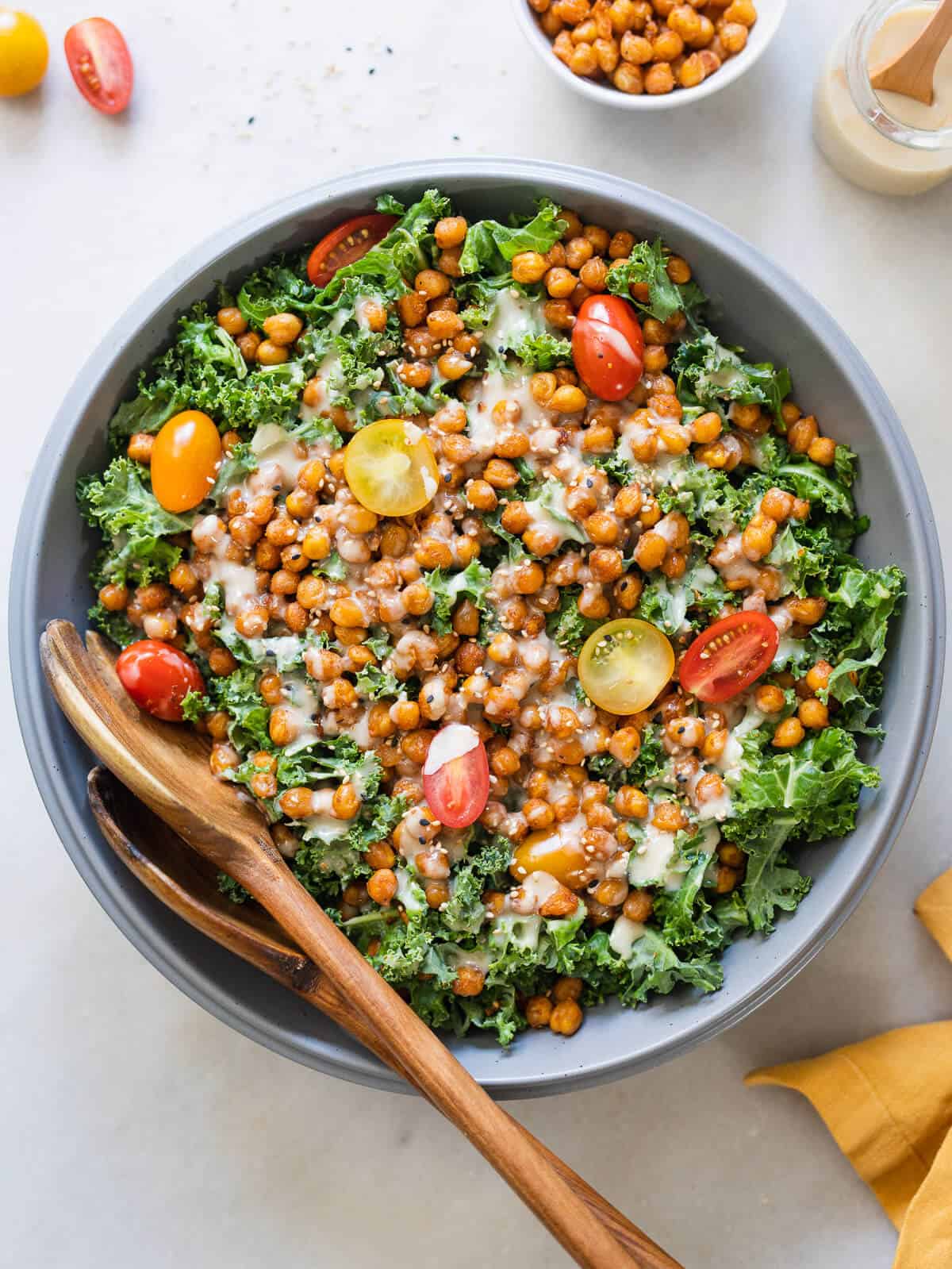 crispy chickpea kale salad with tahini dressing hero.