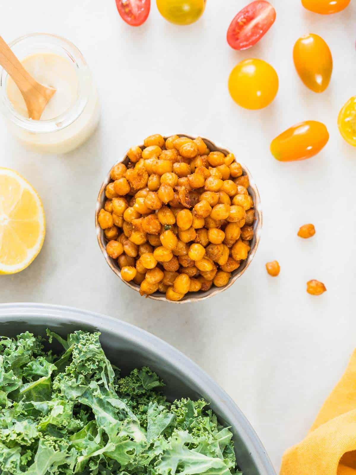 ingredients for chickpea kale salad with maple tahini dressing.