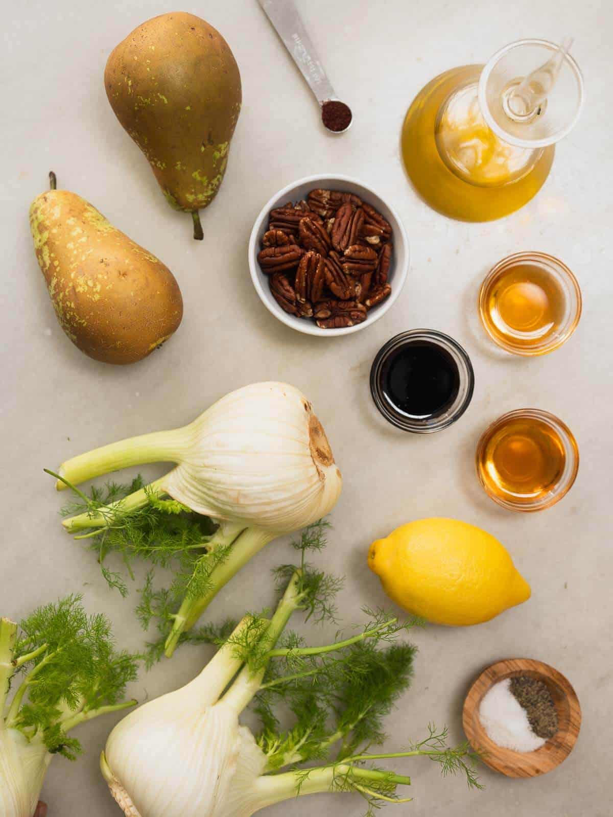 ingredients to make roasted fennel salad and pear recipe.