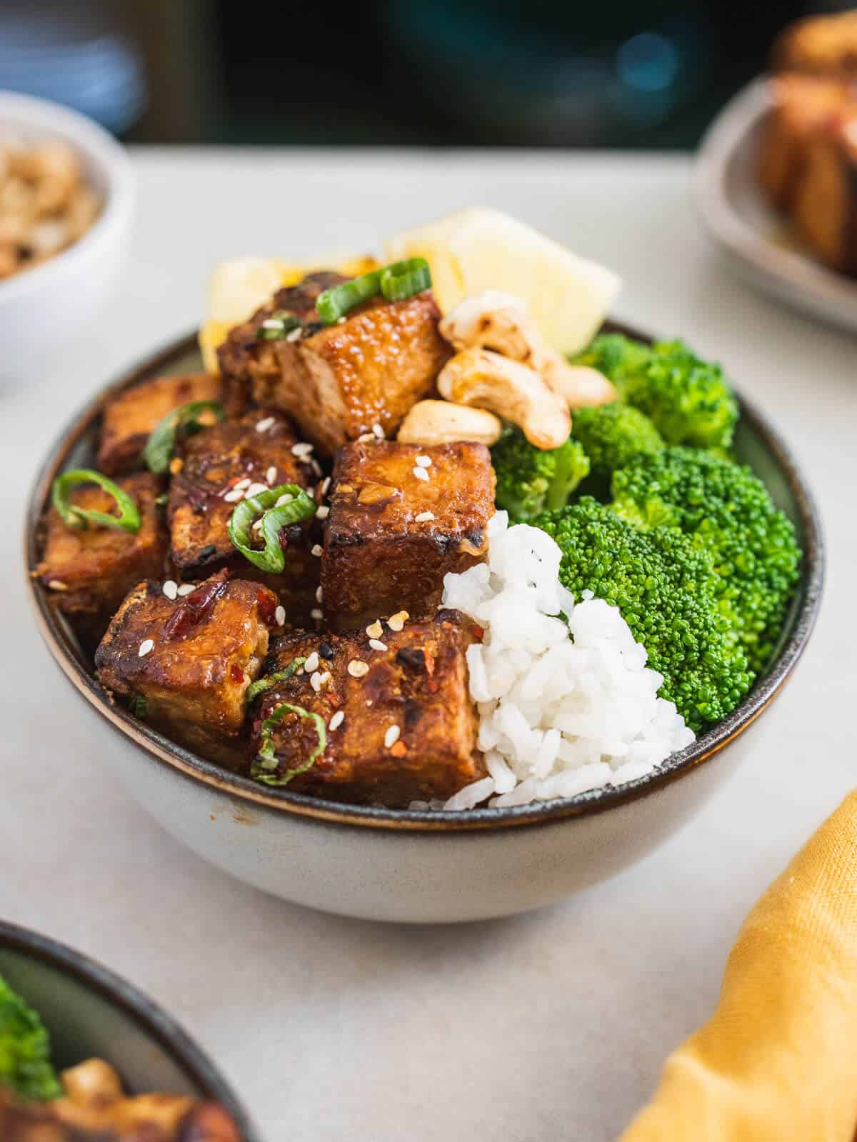 tofu rice bowl with homemade teriyaki sauce.