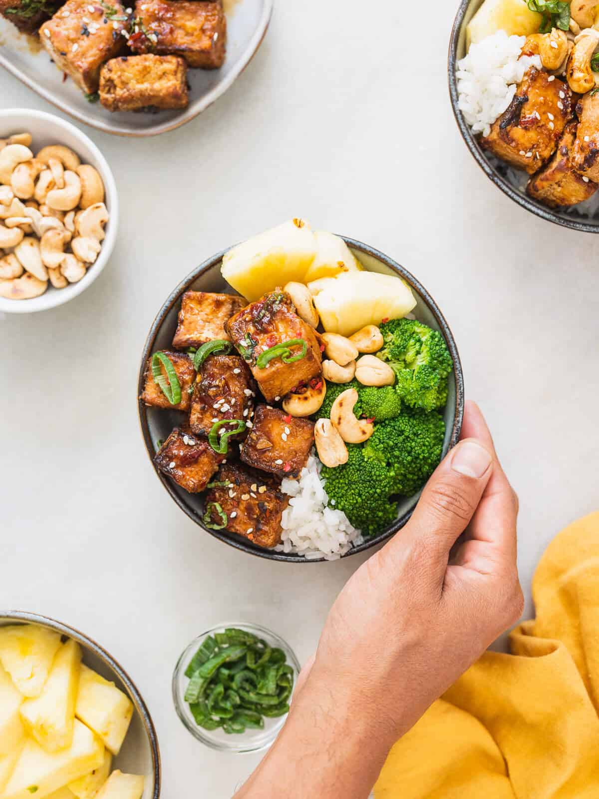 hand holding a tofu rice bowl.