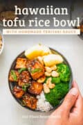 Hawaiian tofu rice bowl with teriyaki sauce pin.