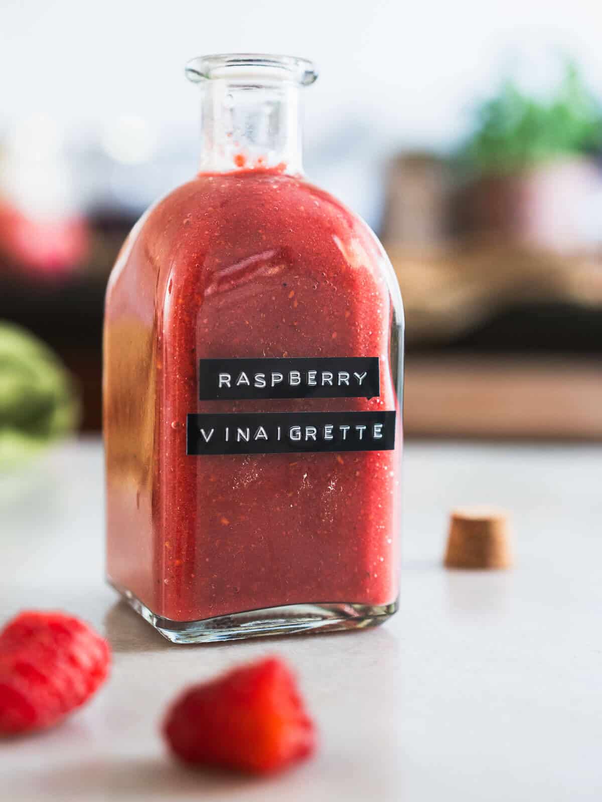 balsamic raspberry dressing labeled bottle.