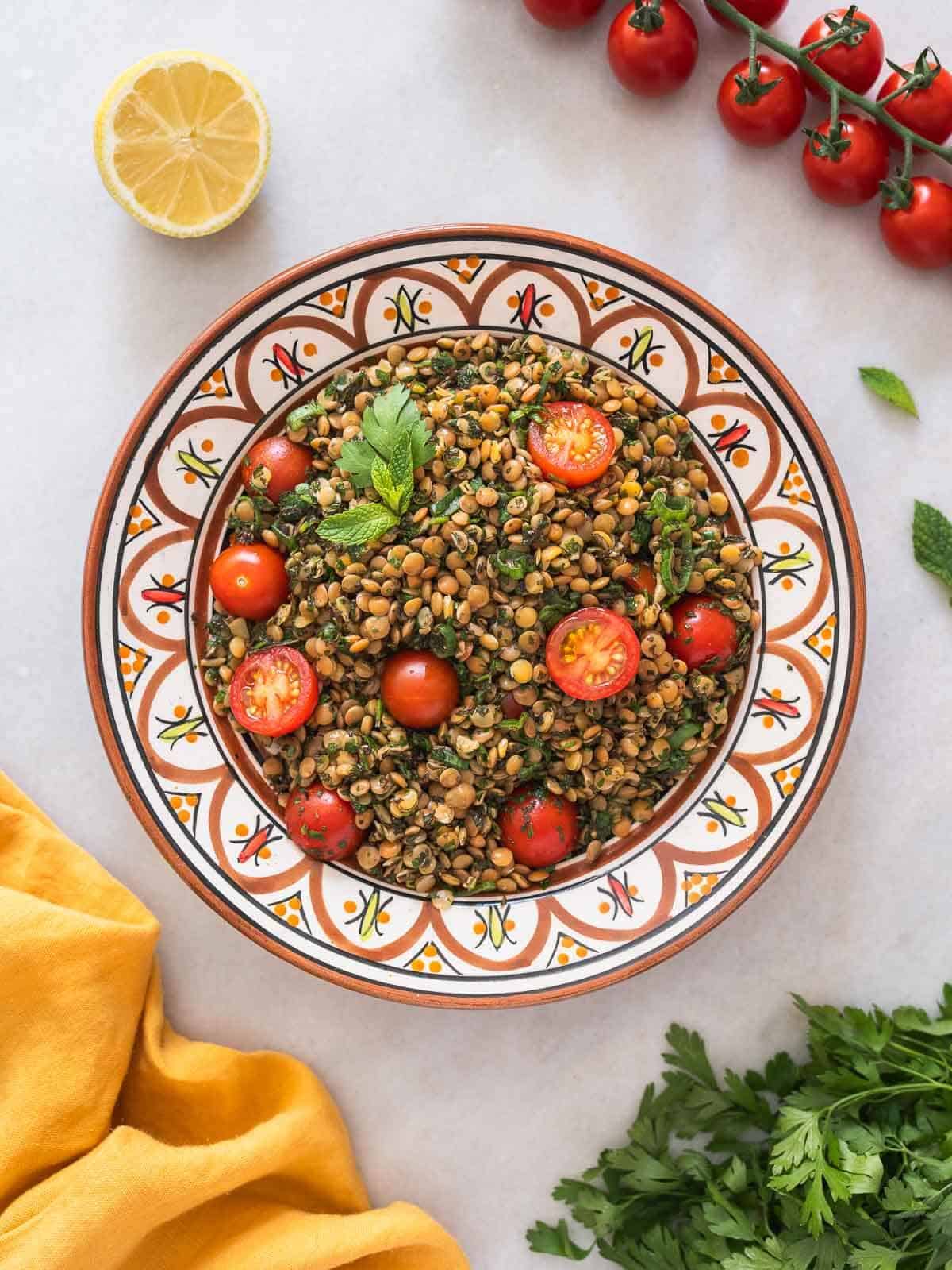 Green Lentil Tabbouleh Salad served in an Arabic-style plate.
