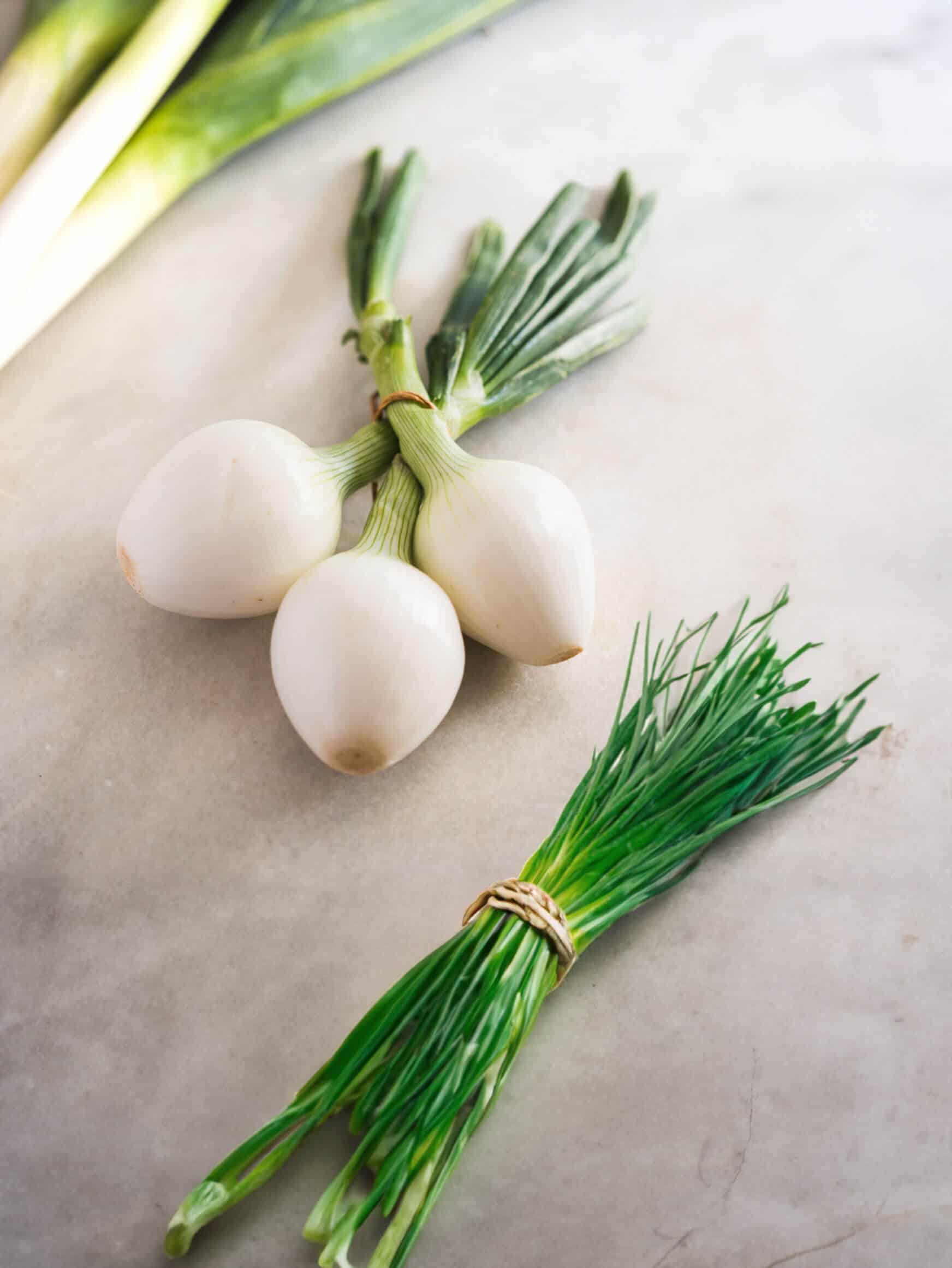 chives and green onions as substitutes of leeks.