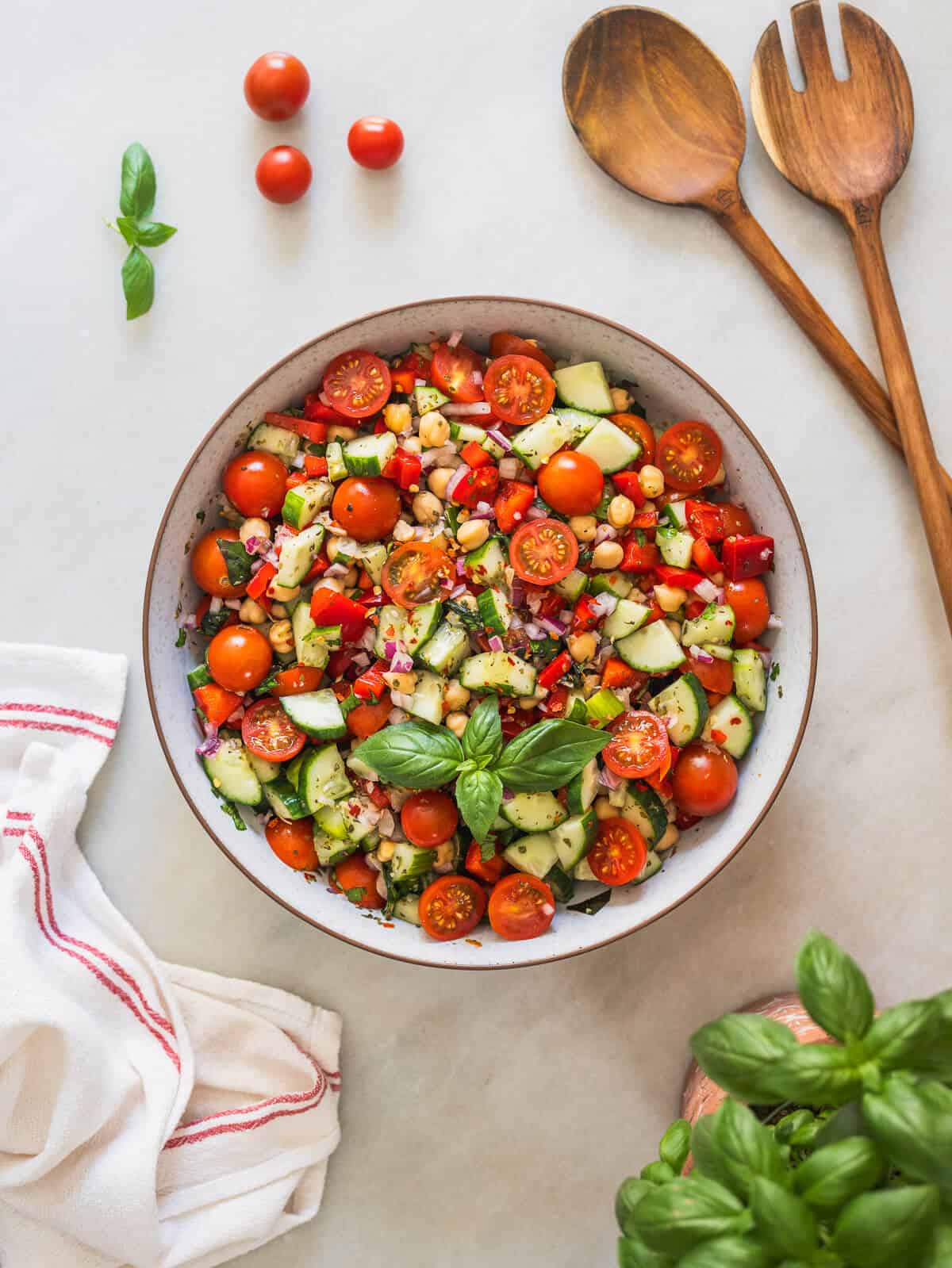 mediterranean chickpea cucumber salad in a serving bowl.