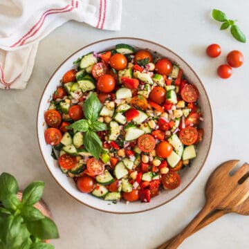 mediterranean chickpea cucumber salad in a serving bowl.