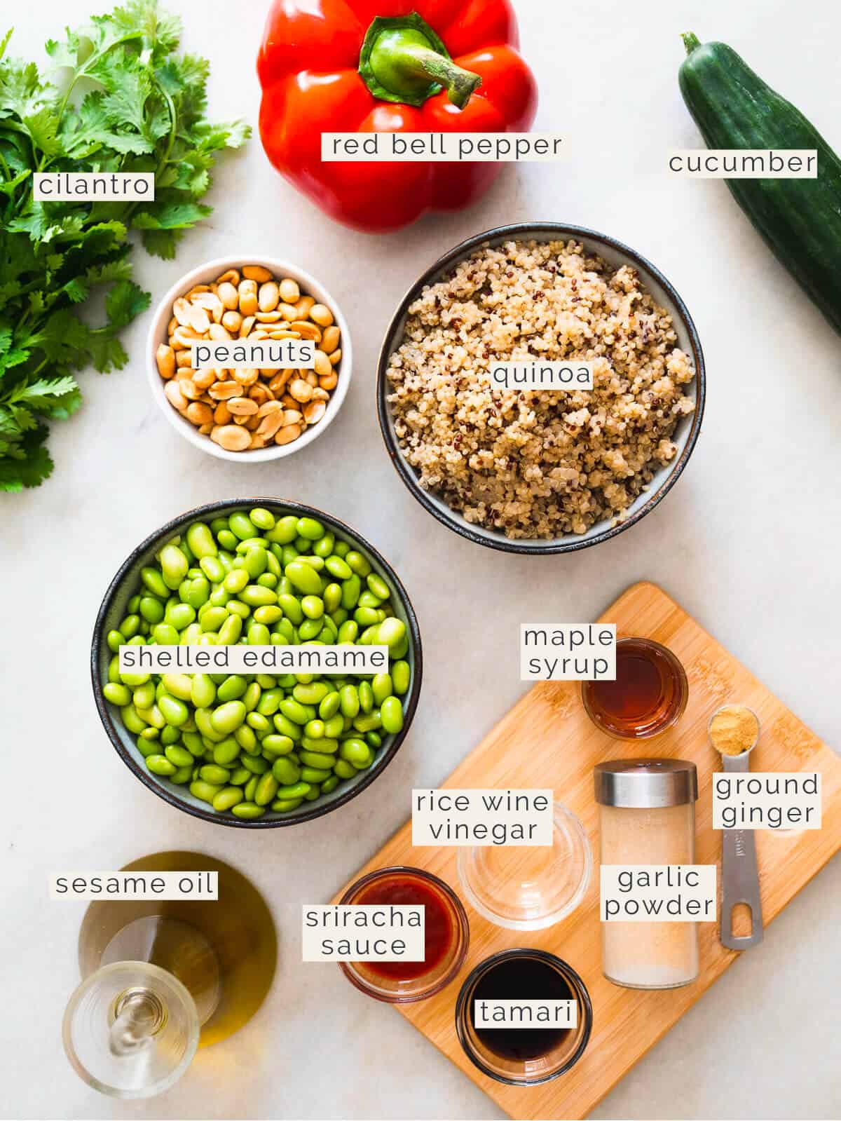 quinoa edamame salad and Asian salad dressing ingredients.