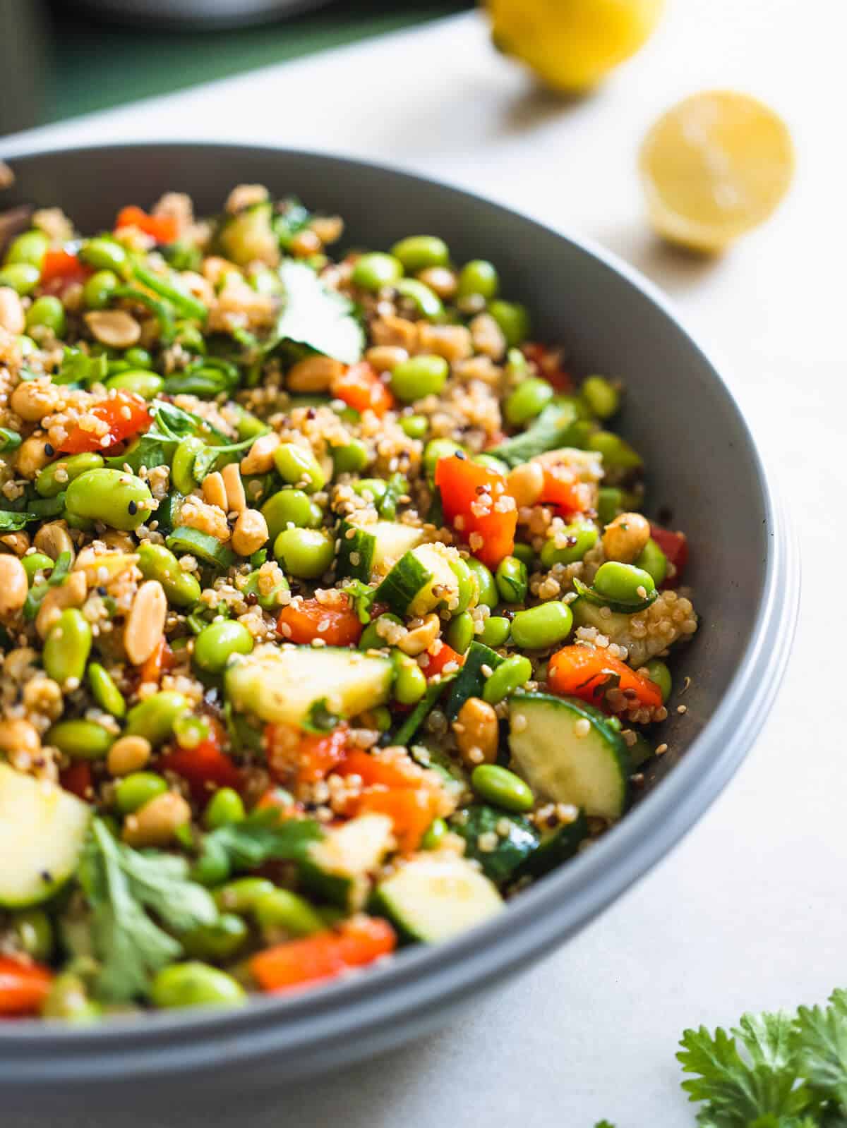 quinoa edamame salad plated.