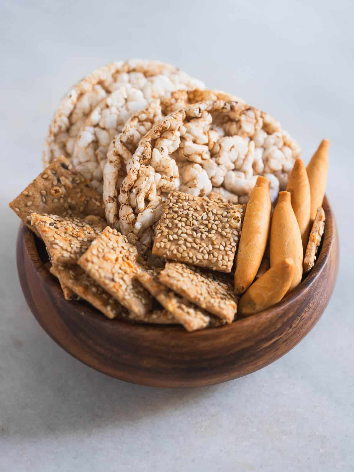 crackers and rice cakes in a bowl.