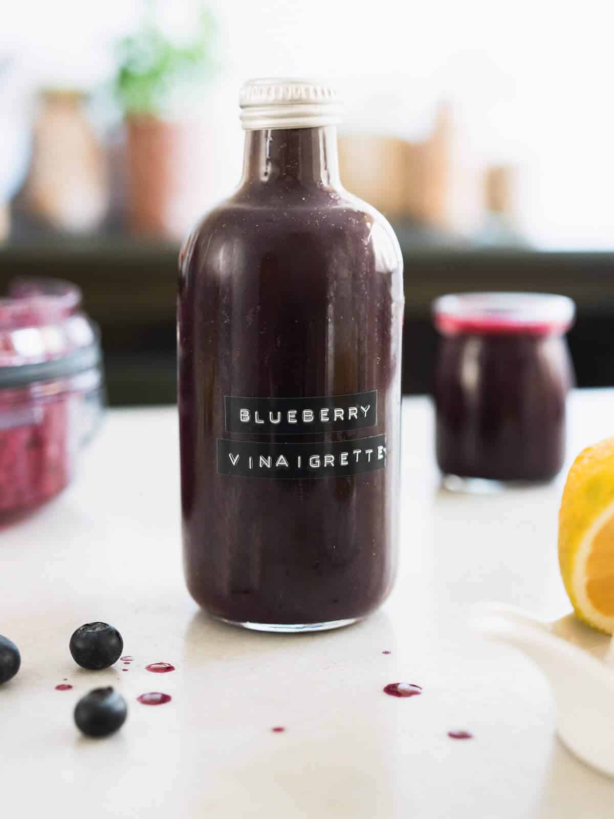 balsamic blueberry vinaigrette salad dressing in a bottle.