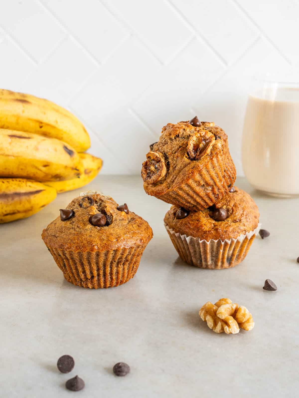 banana chocolate chip muffins on a tower.