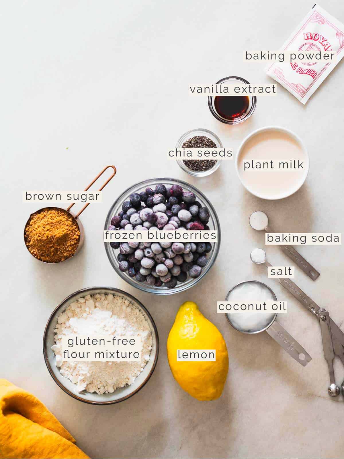 ingredients to make blueberry mini muffins.