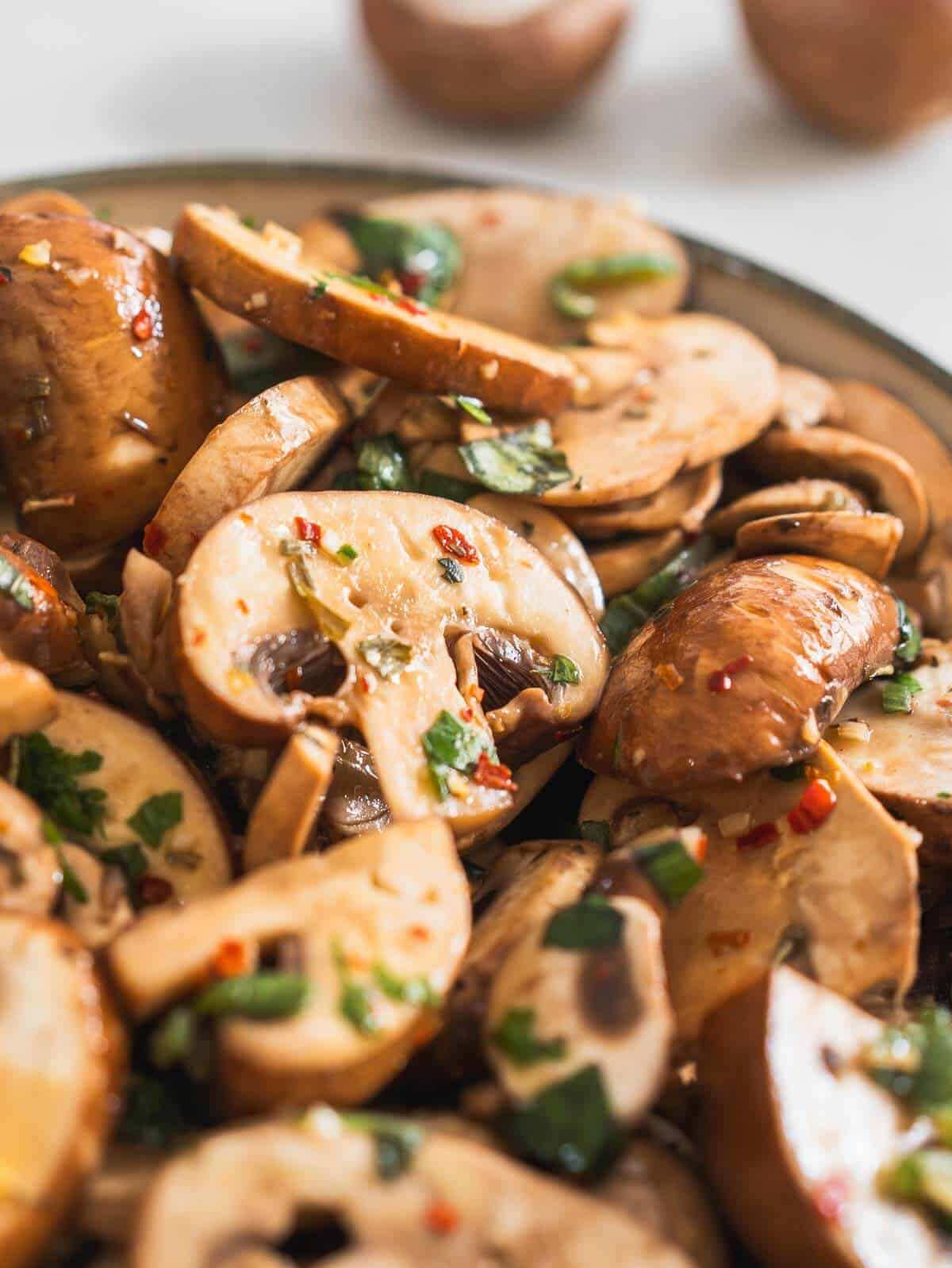 close up of raw mushroom salad.