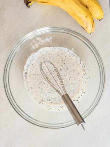 combining chia eggs and vegan buttermilk ingredients and letting it curdle.