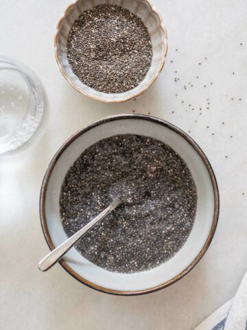 bowl with chia seeds combined with water to make a gel known as chia eggs.