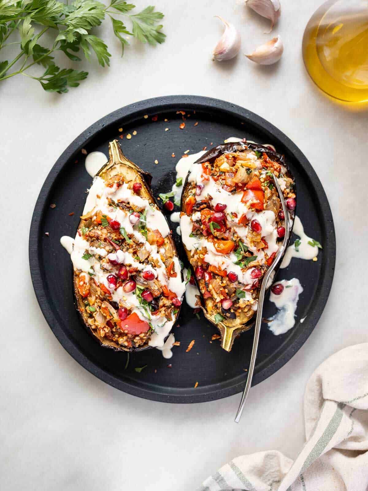 baked stuffed eggplant hero.