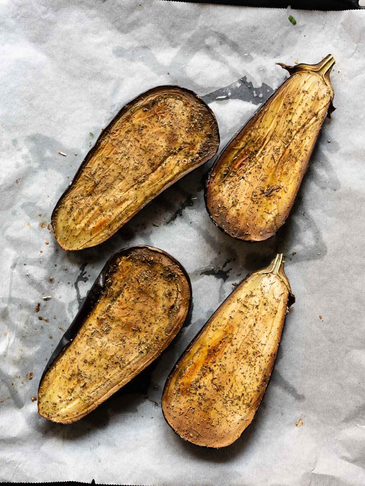 remove roasted eggplant from the oven.