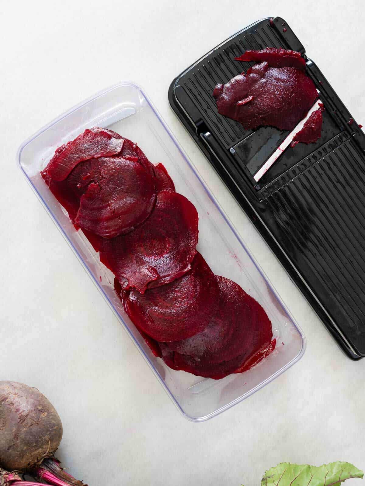 sliced beetroot with mandoline or sharp knife.