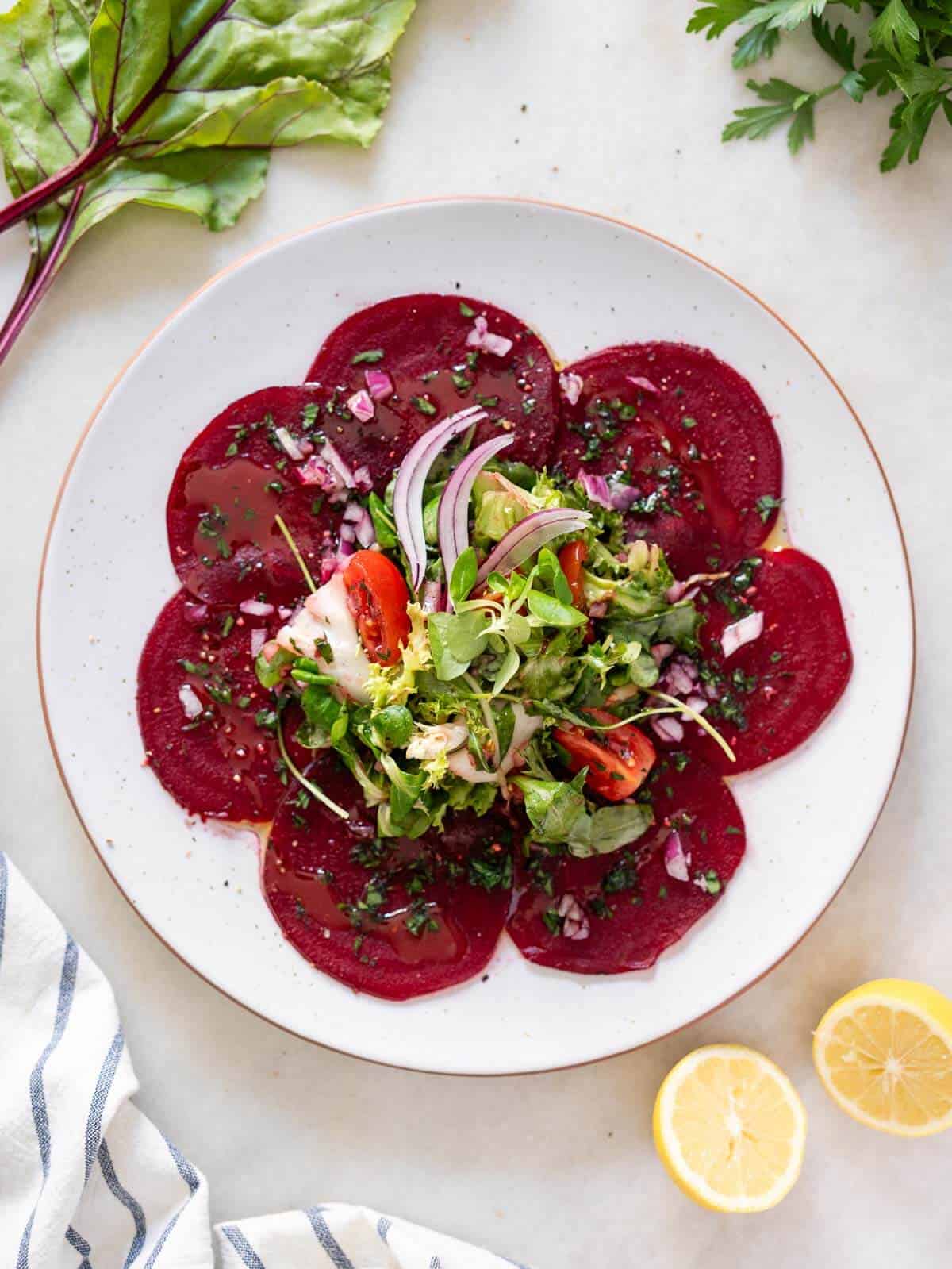 beet carpaccio salad with vinaigrette.