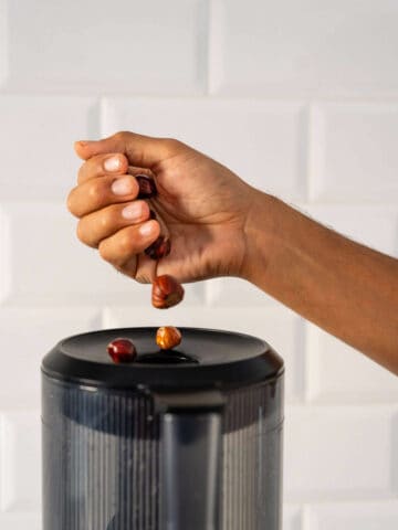 showing how to make hazelnut mill with a cold-pressed juicer. Adding soaked hazelnuts into the juicer's vase.