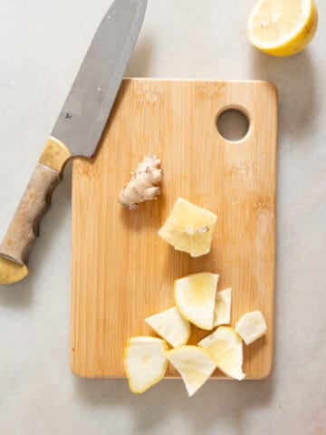 remove lemon peels and chop ginger root.