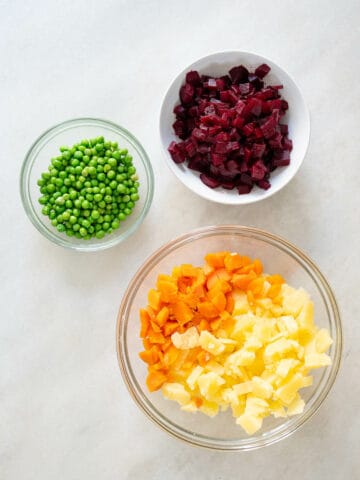 diced potatoes, carrots, beets, and thawed green peas.