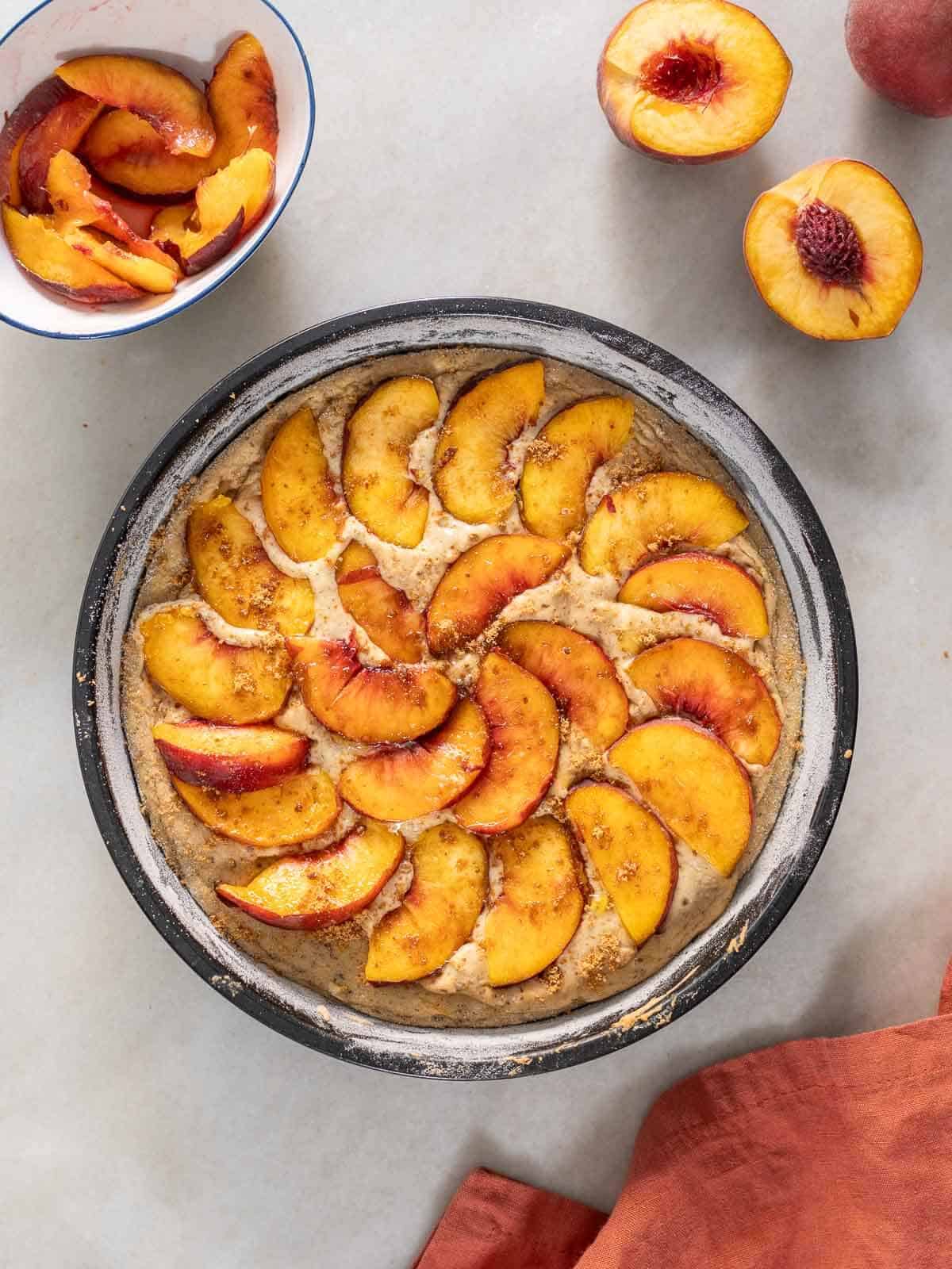 after 15 minutes in the oven add the peach sliced and sprinkle brown sugar on top.