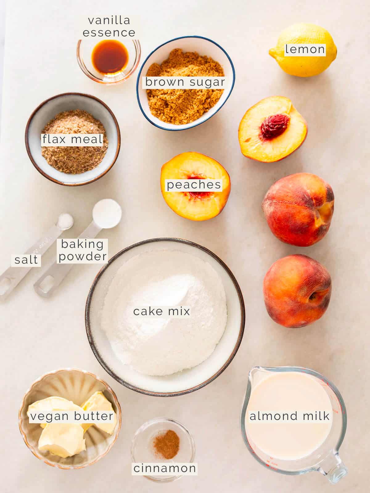 ingredients to make a brown sugar peach cake.
